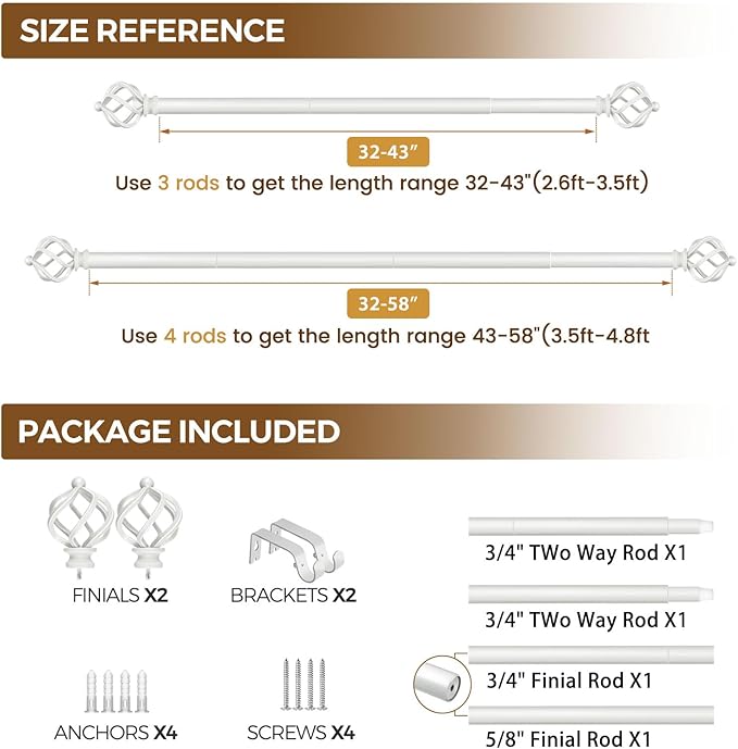KAMANINA White Curtain Rod 32 to 58 Inch(2.6-4.8ft), Adjustable Curtain Rods for Windows 28 to 48 Inch, 3/4 Inch Splicing Drapery Rods with Twisted Cage Finial