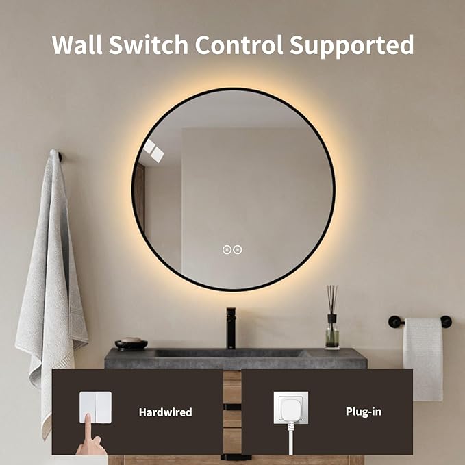 Round LED Bathroom Mirror with Gold Frame, 24V Backlight, 3 Color Temperatures, Dimmable, Memory Function, Defogging (Black Border, 32" L x 32" W)