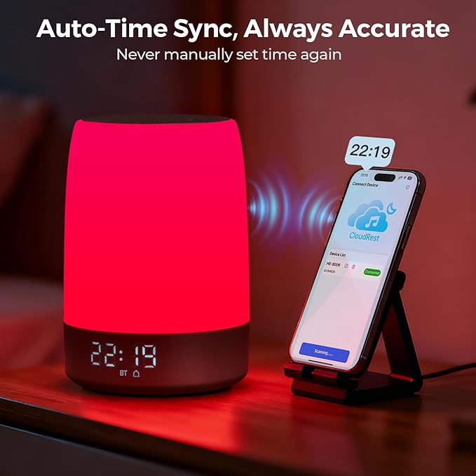 Smart Red Light Therapy Lamp & Sleep Sound Machine for Bedroom with Alarm Clock, Night Light with App Control, 5-Level Red Light (620–690nm), 32 White Noises, Custom Timer, 2600mAh Battery, 7 Alarms