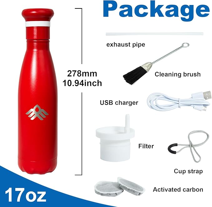 Smart Self-Cleaning Water Bottle 17oz Cinnabar Stainless Steel Insulated Purifying Bottle LED + Activated-Carbon Dual Filtration USB-C Rechargeable BPA-Free for Outdoor, Gym & Office