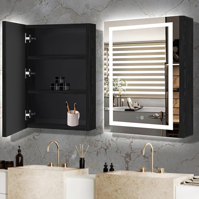 24 x 32 Inch Black Wood Led Medicine Cabinet Mirror with Lights Storage Wooden Cabinets Smart Memory 3 Color Dimmable AntiFog 32" Bathroom Lighted Medicine Cabinet with Mirror and LED Light