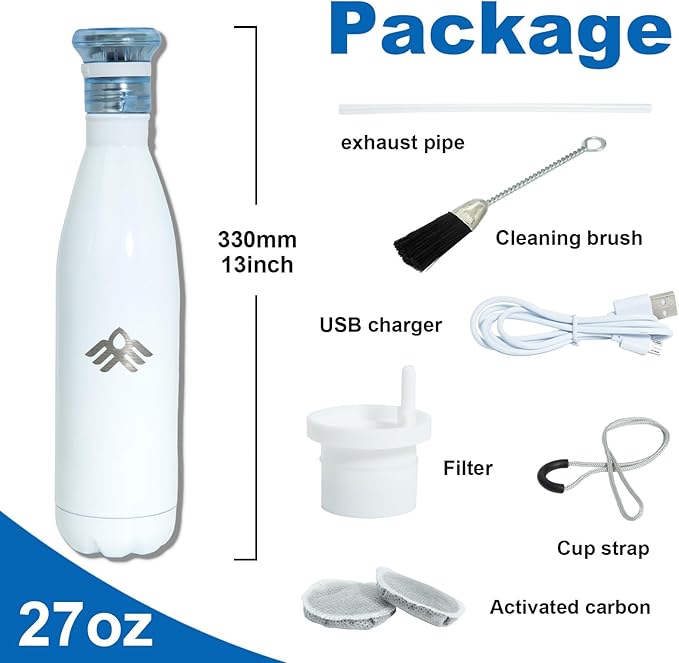 27 oz Smart Self Cleaning Water Large Bottle Ivory 304 Stainless Steel Insulated Light Purifying Bottle LED + Activated-Carbon Filter USB-C Rechargeable BPA-Free for Outdoor & Sports