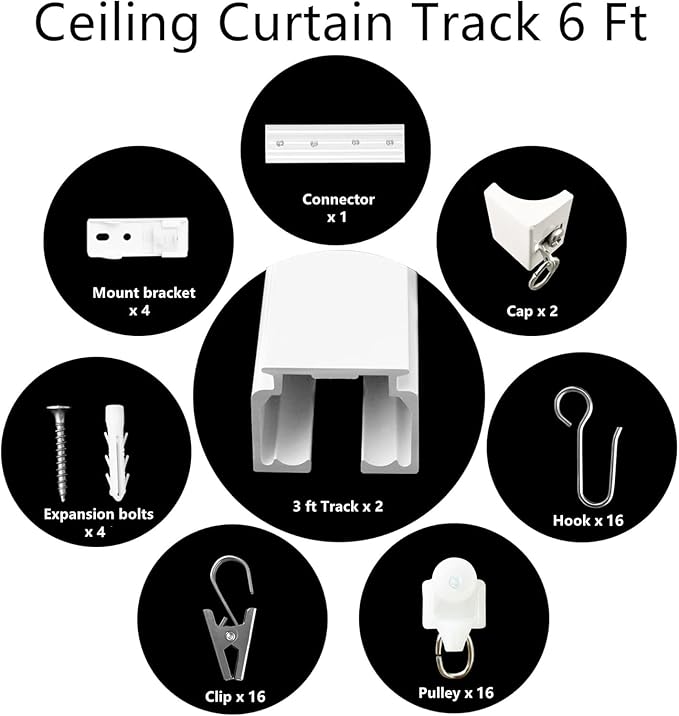Ceiling Mount Curtains Track Room Divider Privacy Partition Separator Curtain Tracks Rods Heavy Duty RV Shower Outdoor Rail Clip Hook Set, White 3-6ft