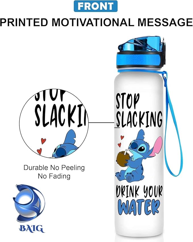 BAIG Blue Alien 32 Oz Water Track Bottle, Stop Slacking Drink Your Water Water Bottle With Time Marker, Alien Motivational Insulated Water Bottle, Gifts For Cute Alien Lovers