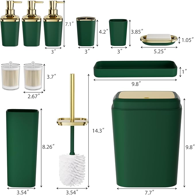 Bathroom Accessory Set, 11PC Bathroom Set, Green Bathroom Accessories, Bathroom Accessories Set with Trash Can, 3PC Soap Dispensers and Toilet Brush