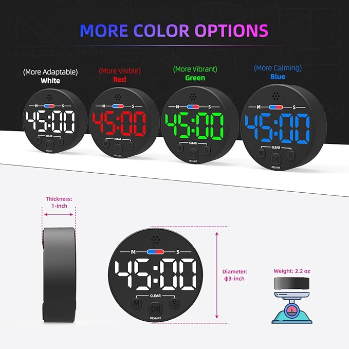 Visual Digital Timer for Kitchen, Classroom, Kids, Productivity, Magnetic Countdown Timer for Egg Cooking, Toddler, Focus, Work, Task, Small Desk Timer with Large LED Display, Super Loud Alarm - White
