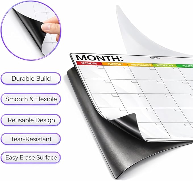 Refrigerator Calendar Magnetic Dry Erase - 17 x 12 iches Magnet Calendar for Fridge, Monday Start | Family Schedule Board, to-Do List & Work | Include 5 Markers & Eraser by Freedom Mastery