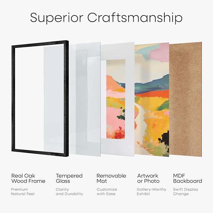 Homeforia 13x17 Picture Frame Black Wood, High End Oak 13x17 Poster Frames with Mat 10x14 Photo, 13 x 17 Wooden Frame Matted to 10 by 14 Print, 17x13 Hanging Frames, Tempered Glass, Wall Kit, Set of 1