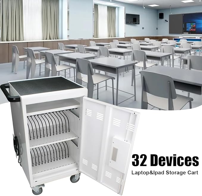 Laptop Charging Cart, 30 Laptop Storage Cart, Electronic Combination Lock,Mobile Charging Cabinet for iPads up to 16.3", Chromebook Devices, Cord Management.School,Business.White