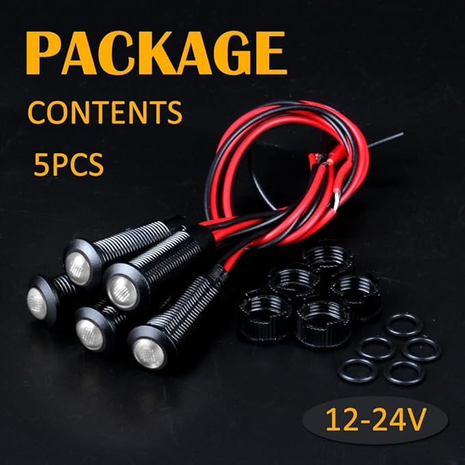 5pcs 8mm LED Indicator Light Plastic Black Signal Dot Lamp 12V-24V 5/16" Mounting Hole Size with 15cm/5.9in. Wire (White LED)