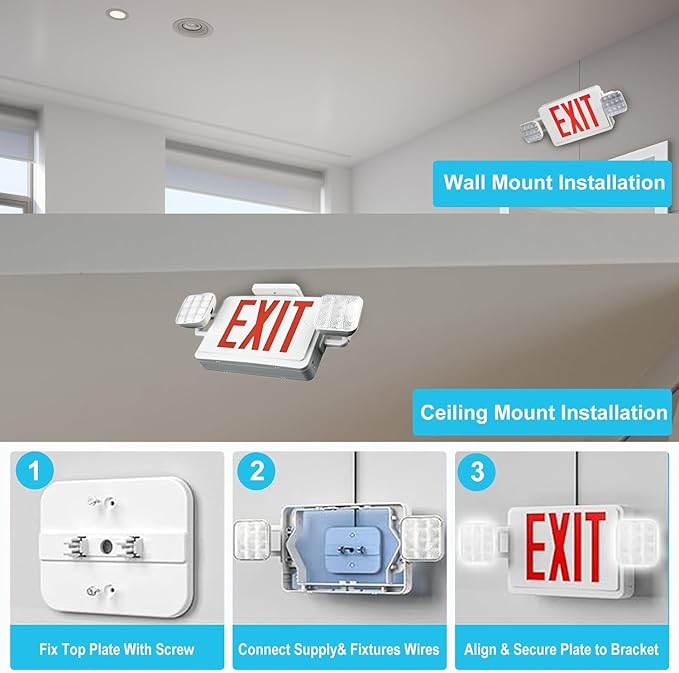 Double Sided LED Emergency EXIT Sign, Exit Combo Remote Capable, 2 LED Lights, Backup Battery, US Standard Red Letter, Commercial Grade, 120-277V, FireResistant(UL 94V-0) - 4 Pack