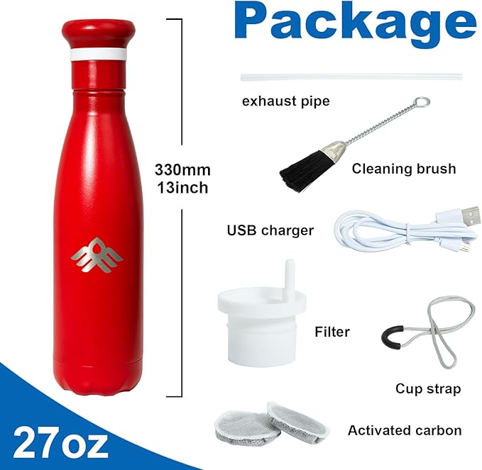 27 oz Smart Self Cleaning Water Large Bottle Cinnabar 304 Stainless Steel Insulated Light Purifying Bottle LED + Activated-Carbon Filter USB-C Rechargeable BPA-Free for Outdoor & Sports