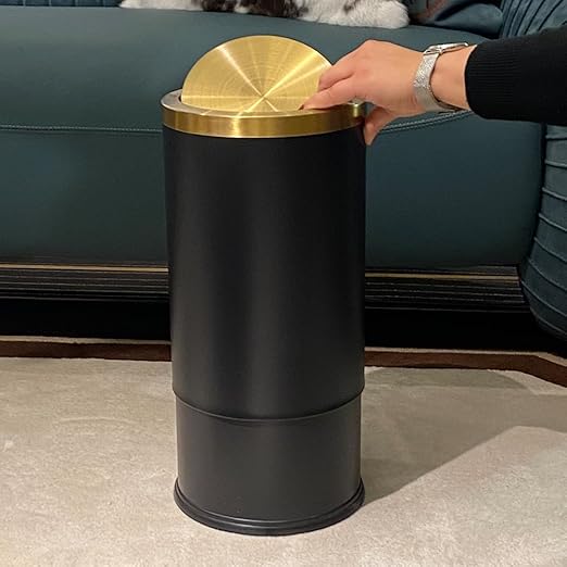 Brushed Brass Garbage can,Bathroom Trash can with lid,Modern Small Trash Can with Flipping Lid, 9 L,Garbage cans for Bathroom, Kitchen,Bedroom, Metallic Gold (Black(Double))