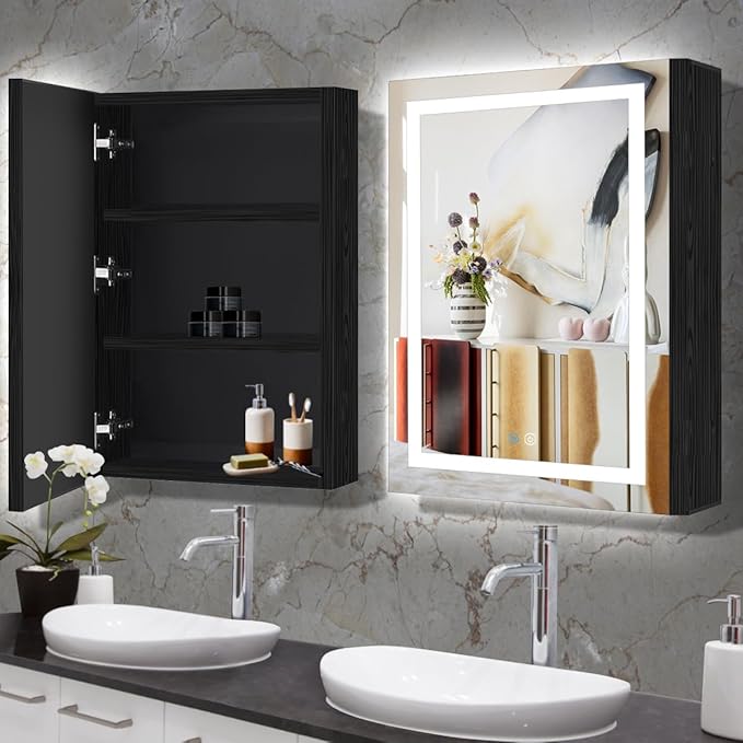 20 x 28 Inch Black Wood Led Medicine Cabinet Mirror with Lights Storage Wooden Cabinets Smart Memory 3 Color Dimmable AntiFog 28" Bathroom Lighted Medicine Cabinet with Mirror and LED Light