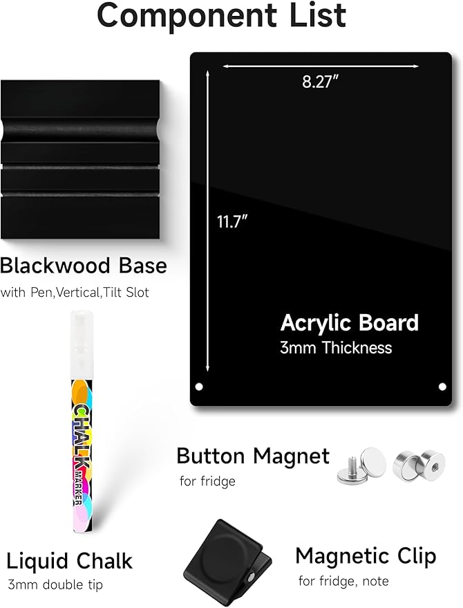 Acrylic Black Dry Erase Board with Stand - 12” x 8” Small Desktop Whiteboard with Marker, Reusable Desk Blackboard, to-Do List, Planner, Memo Clipboard, Menu Board for Office, Home, Bar