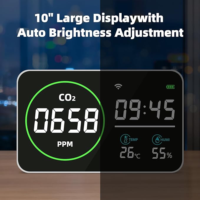 WiFi CO2 Detector, 9 Inch CO2 Monitor for CO2 Temp Humidity, Extra Large Display Digital Clocks, Air Quality Monitor for Indoor/Outdoor with Alerts, CO2 Infrared Sensor, Optical Sensor