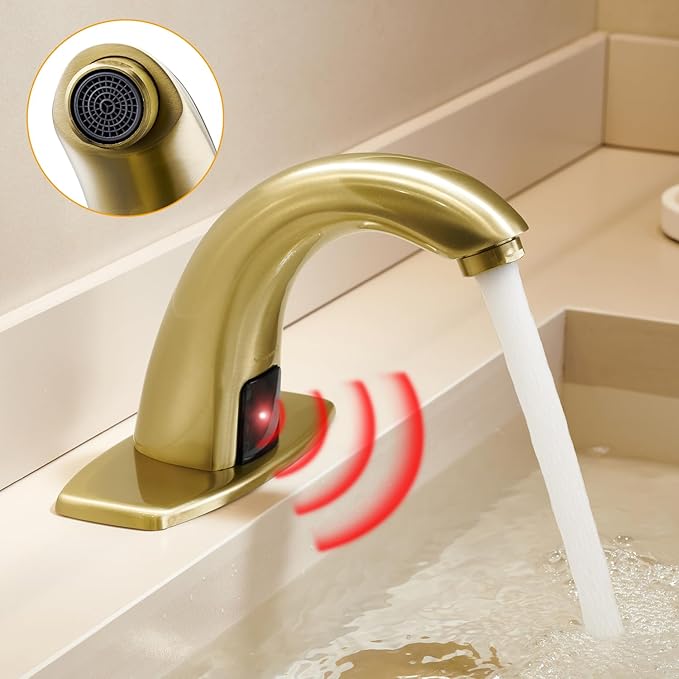 Charmingwater Touchless Bathroom Sink Faucet, Motion Automatic Sensor Faucet with Hole Cover Plate, Brushed Gold