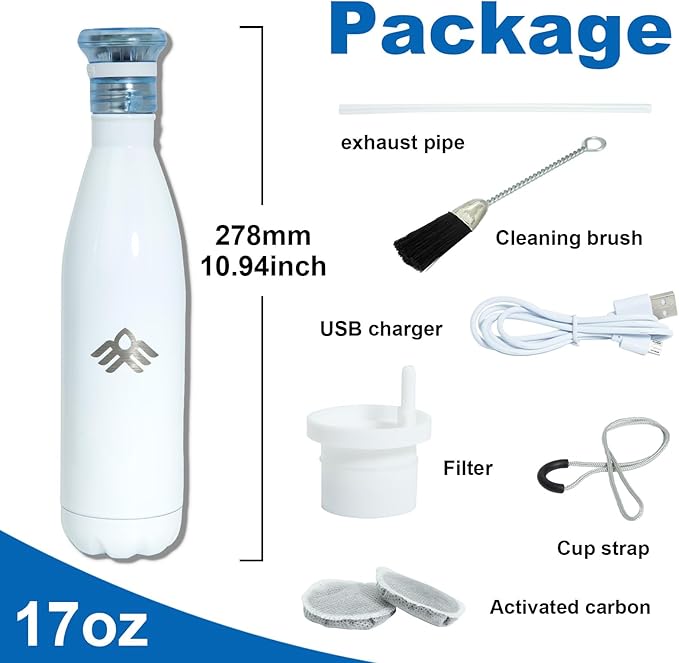 Smart Self-Cleaning Water Bottle 17oz Ivory Stainless Steel Insulated Purifying Bottle LED + Activated-Carbon Dual Filtration USB-C Rechargeable BPA-Free for Outdoor, Gym & Office
