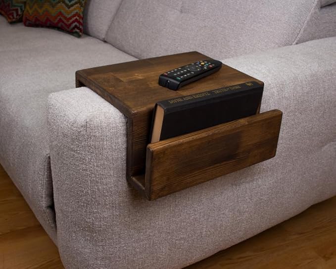 Wooden Couch Arm Tray – Sofa Armrest Table with Book & Magazine Holder, Perfect for Coffee & Remote Control, Solid Wood (Vancouver)