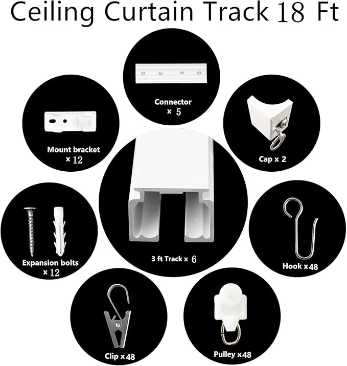 Ceiling Mount Curtains Track Room Divider Privacy Partition Separator Curtain Tracks Rods Heavy Duty RV Shower Outdoor Rail Clip Hook Set, White 3-18ft