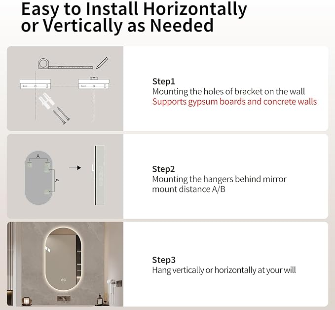 LAIYA 24V Full-Power Oval LED Bathroom Vanity Mirror, 33x20inch Frameless Backlit Mirror with Light, Smart Anti-Fog Waterproof Mirror with Memory Function Dimmable Lighted Mirror