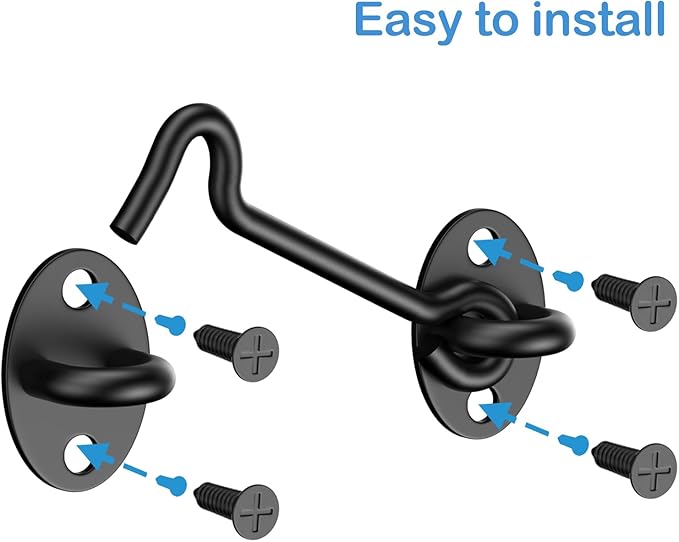 2 Pack Barn Door Latch Lock 6" Black Hook and Eye Latch with Screws, Rust-Resistant Metal Gate Latch for Window, Cabin Hooks, Sliding Door, Bathroom, Bedroom