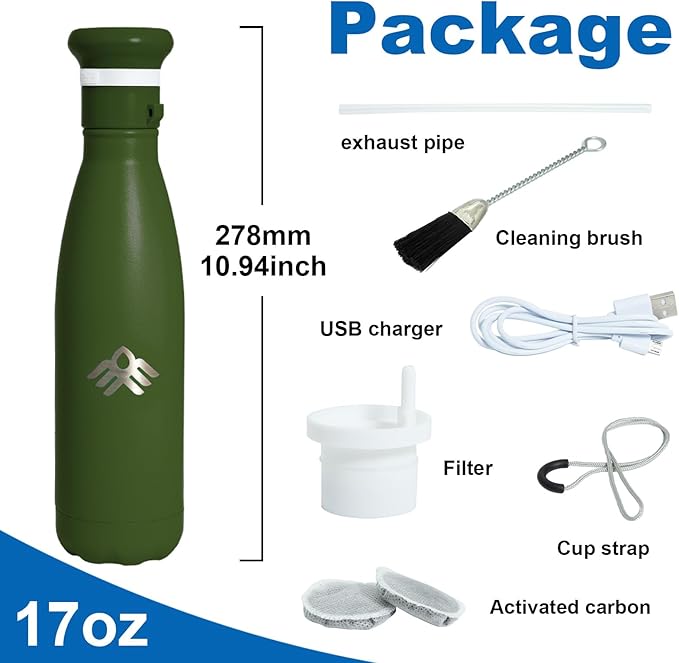 Smart Self-Cleaning Water Bottle 17oz Forest Stainless Steel Insulated Purifying Bottle LED + Activated-Carbon Dual Filtration USB-C Rechargeable BPA-Free for Outdoor, Gym & Office
