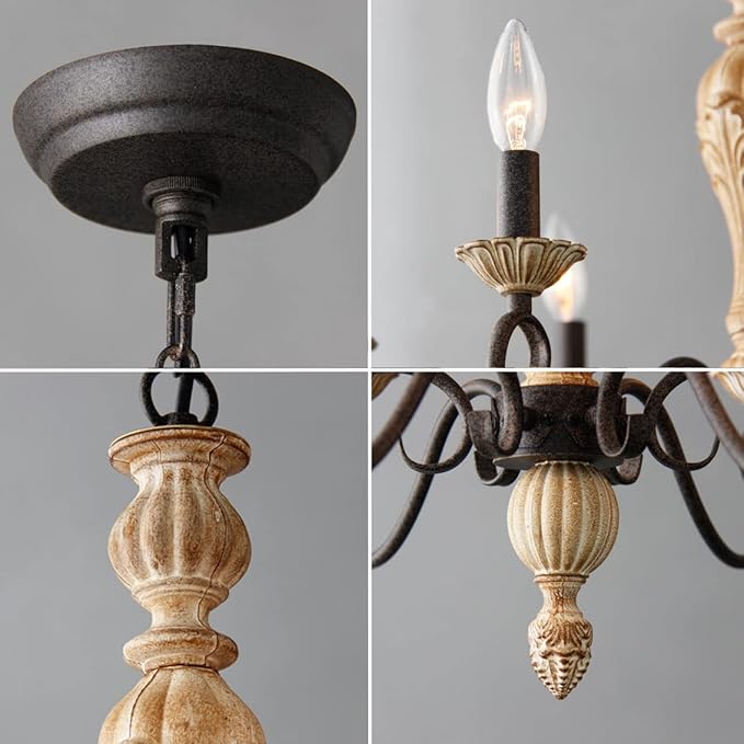 French Country Chandelier-Farmhouse Chandeliers for Dining Room 6 Lights Fixture Rust Imitation Wood Finish for Living Room, Bedroom, Kitchen, Stairway, Bathroom (Dia 23.3”)