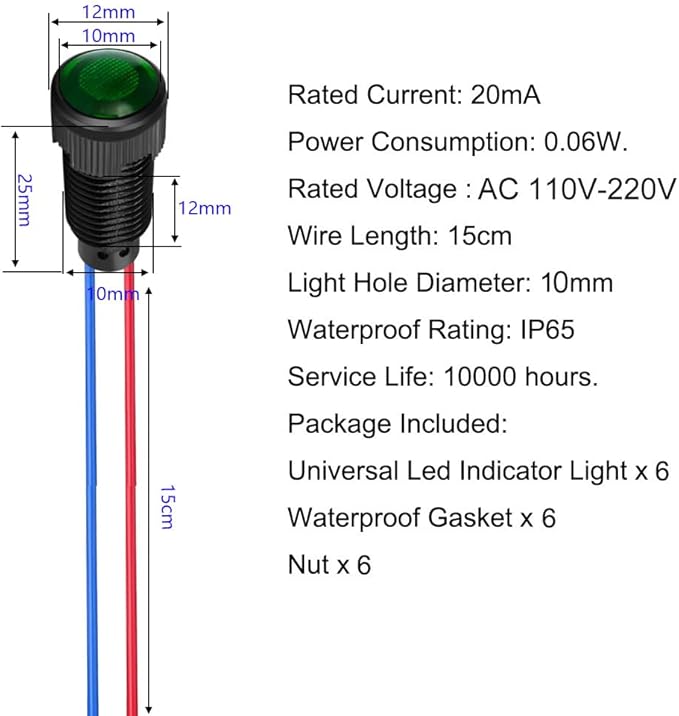 6pcs Green LED Indicator Pilot Light 110VAC Mounting Hole Size 10mm(Flame Retardant Plastic Shell)