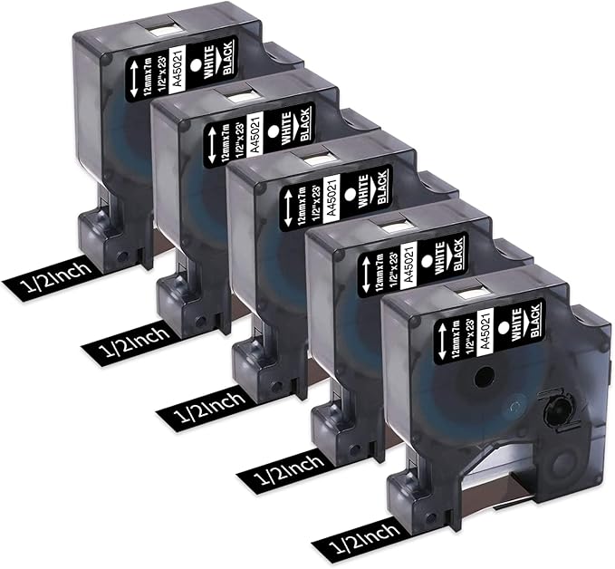 Freshworld 5-Pack Replacement for Dymo D1 Label Tape White on Black 45021 S0720610 Permanent Polyester Tapes,1/2 Inch(12mm) x 23Ft(7m),for Dymo LabelManager PnP 160 210D 260P 280 360D 420P Label Maker