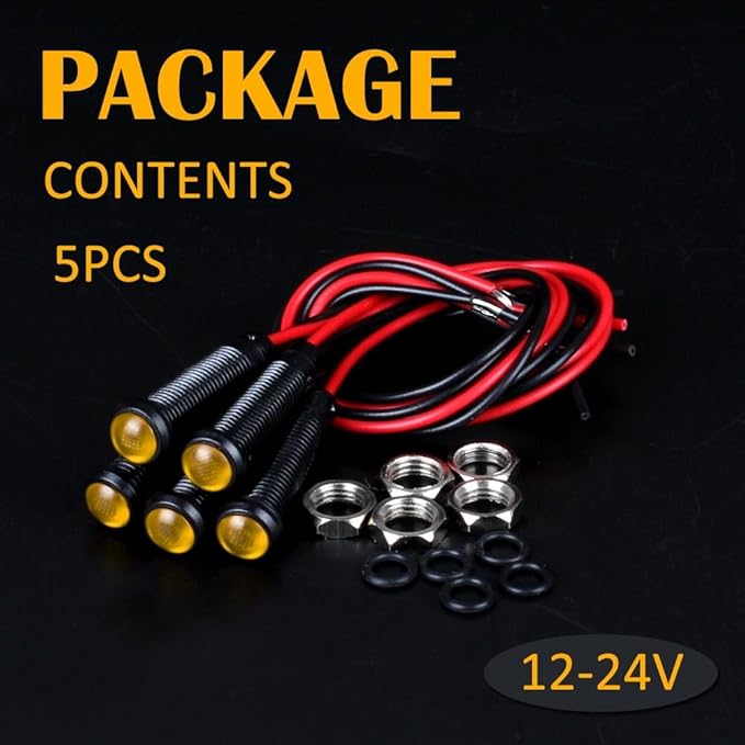 5pcs 6mm LED Indicator Light Plastic Black Signal Dot Lamp 12V-24V 1/4" Mounting Hole Size with 15cm/5.9in. Wire (Yellow LED)