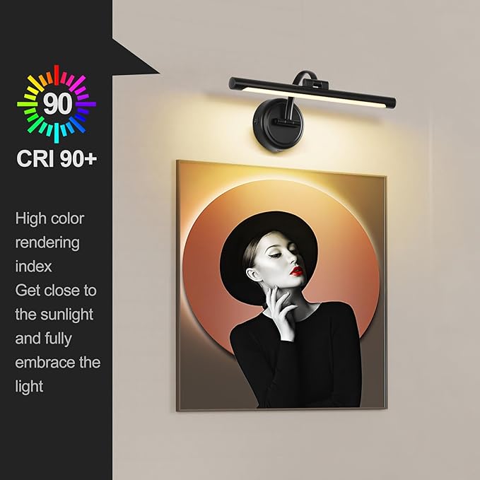 Rechargeable Picture Light for Wall, Cordless Art Lights Battery Operated, Dimmable Wall Light with Remote & Timer, 3 Color Modes for Paintings, Gallery, Artwork(Black, 15.7inch)