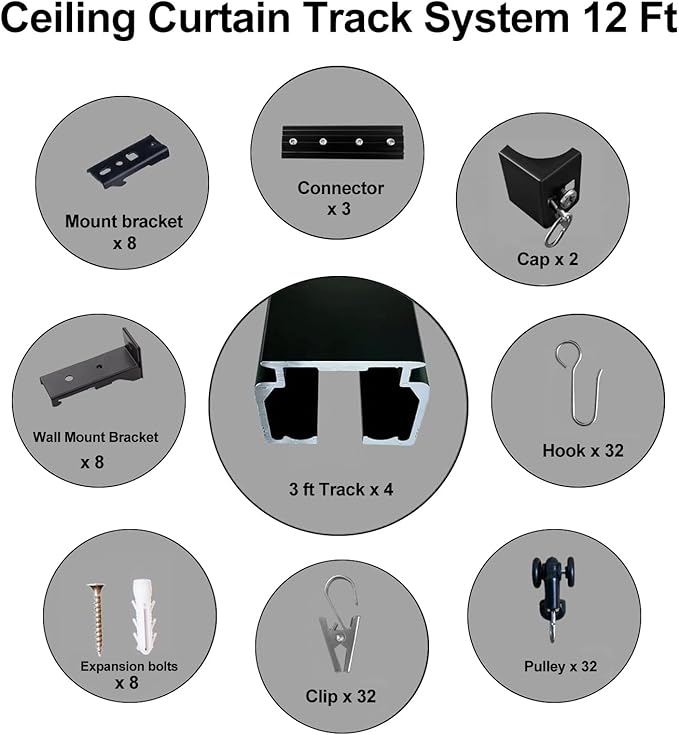Ceiling Mount Curtains Track Room Divider Privacy Partition Separator Curtain Tracks Rods Heavy Duty RV Shower Outdoor Rail Clip Hook Set, Black 3-12ft