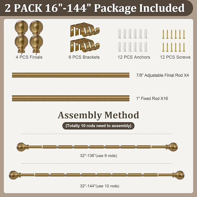 Warm Gold Curtain Rods 2 Pack for Windows 72 to 144 Inch Long Brass Heavy Duty Window Curtain Rod 1" Diameter Adjustable with Metal Finials for Living Room Bedroom Farmhouse Kitchen Outdoor