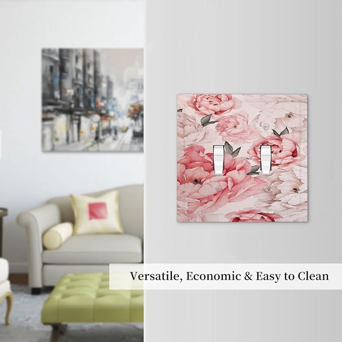 Decorative Light Switch Plate Covers Ink Pink Peony Flower Rustic Floral 2 Gang Light Switch Cover Unique Double Toggle Wall Plate Outlet Covers for Bedroom Home Decor (2 Pack)