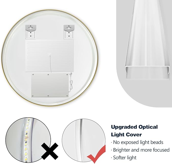 Niccy Round Led Mirror for Bathroom, 24" Backlit Mirrors for Wall Circle Lighted Mirror with Old Gold Frame Anti-Fog, 3 Colors, HD Glass and IP65 Waterproof
