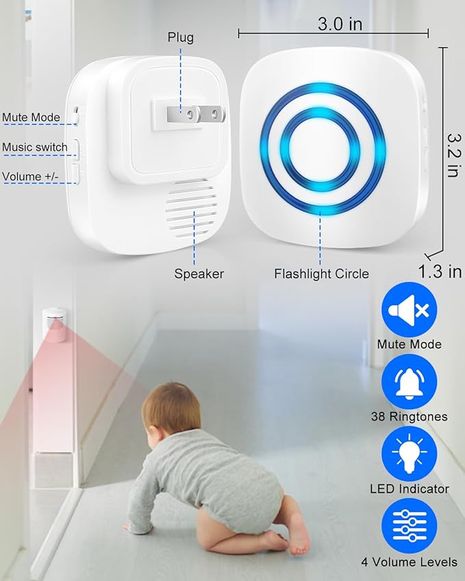 Wireless Caregiver Pager, Motion Sensor Alarm, Indoor Bed Alarm for Elderly Adults, Door Alarms for Dementia, Motion Detector, Driveway Alarms, Door Chime, 2 Sensor and 1 Receiver