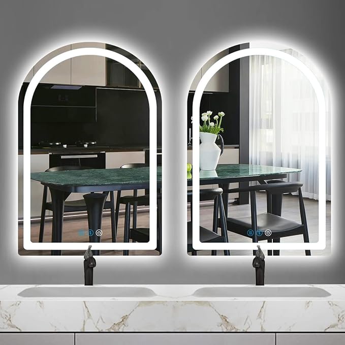 THEKLA 20 x 30 Inch LED Arched Mirror with Lights Memory 3 Color Adjustable Brightness Frontlight Arch Lighted Vanity Mirror for Bathroom Wall TableTop AntiFog 30" Bathroom Smart Arch Light up Mirrors