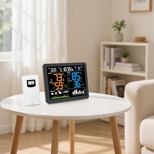 Uzoli EM3566 Weather Station Wireless Indoor Outdoor, 7.4“ Large Weather Station with Atomic Clock, Indoor Outdoor Temperature Humidity, Weather Forecast, Alarms with Snooze, Easy to Read