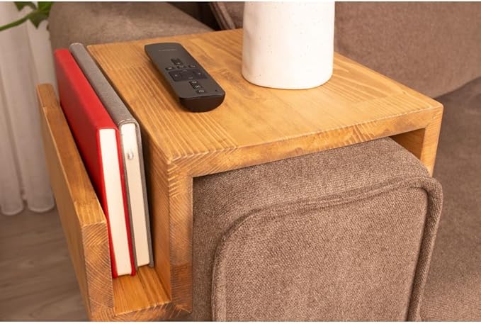 Wooden Couch Arm Tray – Sofa Armrest Table with Book & Magazine Holder, Perfect for Coffee & Remote Control, Solid Wood (Madrid)