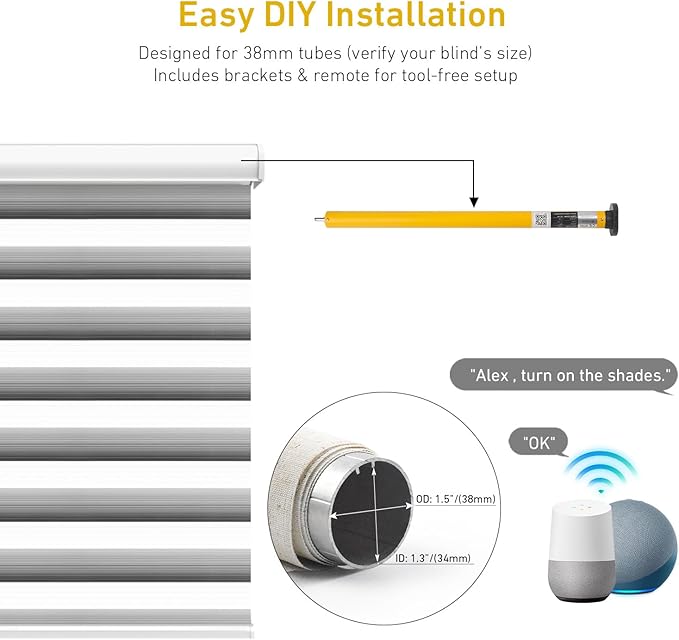 Rollerhouse Matter Smart Blinds Motor for 38mm Tubes - Works with Google Home& Alexa - App & Remote Control, No Hub Required - DIY Installation, Quiet Operation