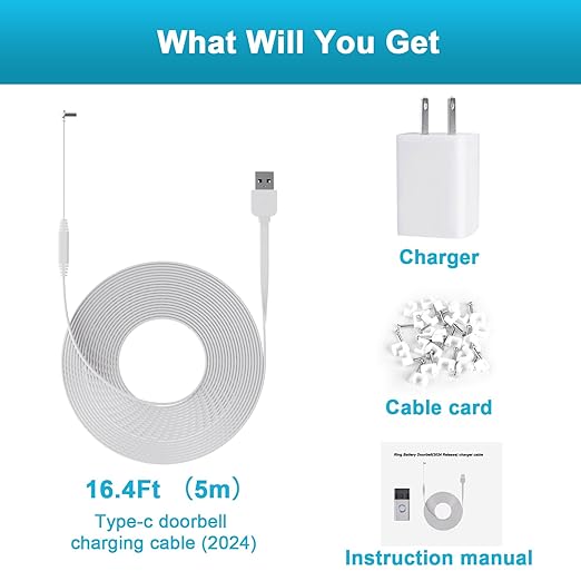 Doorbell Charger for Ring Battery Doorbell(2024 Release), USB C Charger Cable for No Drill Doorbell, 90 Degree USB C 17Ft Doorbell Charging Cable Sustainable Power Supply