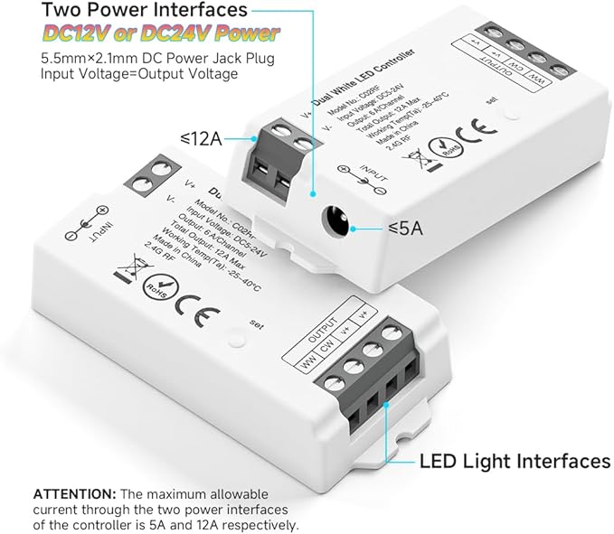 C02RF LED Controller Support PWM 5050SMD COB CCT(+ CW WW) 3pin LED Strip Tunable Color Temperature LED Compatible with WR02RF RC02RF Remote DC5V/DC12V/DC24V Max 12A Indoor Use Only