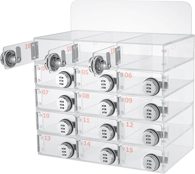 Cell Phone Locker Box 15 Slots Clear Acrylic Cell Phone Organizer Cabinet with Combination Locks Wall-Mounted Locking Cell Phone Storage Box for Classroom Office,Shool,Office (15 Slots, Acrylic)
