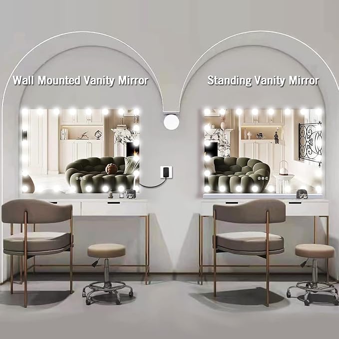 THEKLA 24 x 32 Inch Hollywood Light Vanity Mirror with 24 Bulbs Adjustable 3 Color Lights 32" Vanity Lighted Mirror for Bathroom Bedroom Wall Vanity Makeup Table Mirrors with Lights Base X10 Magnifier