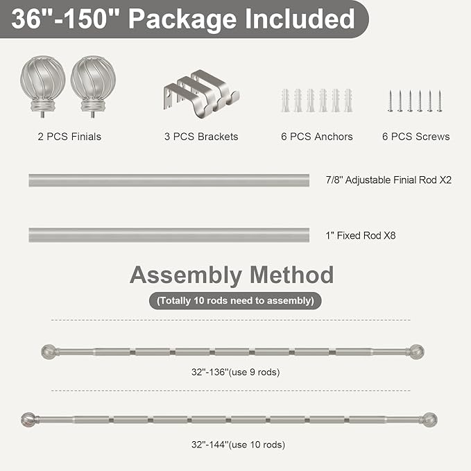 Silver Curtain Rods for Windows 72 to 144 Inch Adjustable Long Window Curtain Rod 7/8" Diamete Heavy Duty with Decorative Finials for Farmhouse Bedroom Living Room Kitchen Outdoor