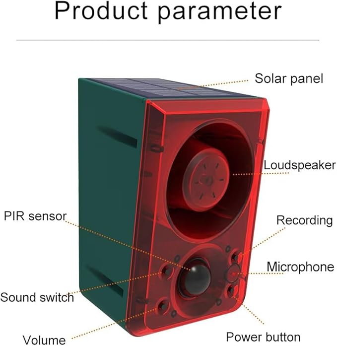 Solar Outdoor Motion Sensor Alarm - Barking Dog Motion Sensor, Motion Sensor Noise Maker with Remote Control 20 Second Recording, Say Goodbye to Intruders (911N-1)