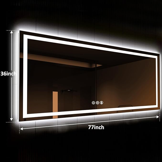 ROOMTEC 77x36 LED Bathroom Mirror with Front and Backlit,Anti-Fog,3 Colors
