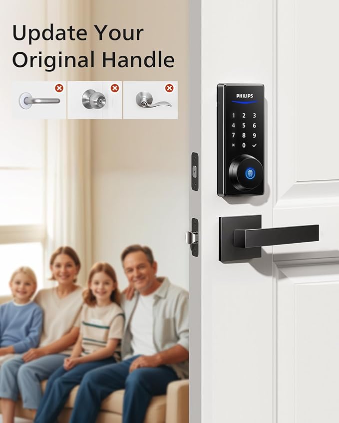 Philips Front Door Lock Set, Electronic Fingerprint Lock with 2 Lever Handles, Keyless Entry Door Lock with Handles, Auto Locking, Fingerprint Unlock, Touchscreen Keypad with Key
