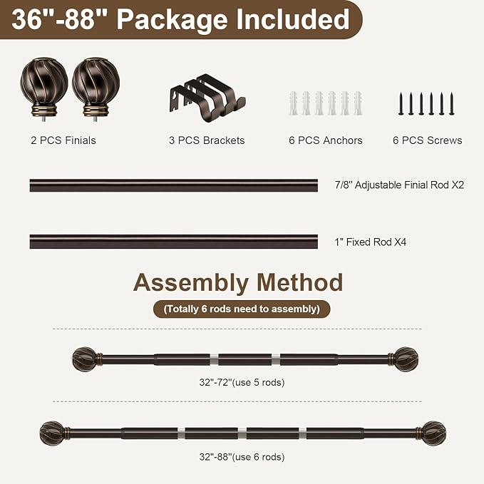Brown Curtain Rods for Windows 48 to 84 Inch 7/8" Diamete Heavy Duty Adjustable Window Curtain Rod with Decorative Finials for Farmhouse Bedroom Living Room Kitchen Outdoor